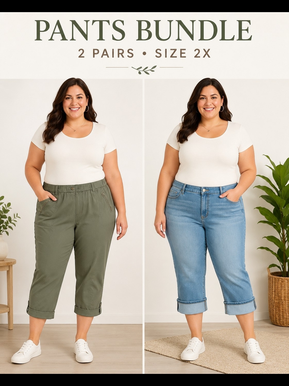 Catherines Olive Utility Cropped Pants & Light Blue Denim Capris - Size 2X